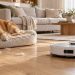 Aspirateur robot passant près d'un golden retriever endormi dans un salon clair