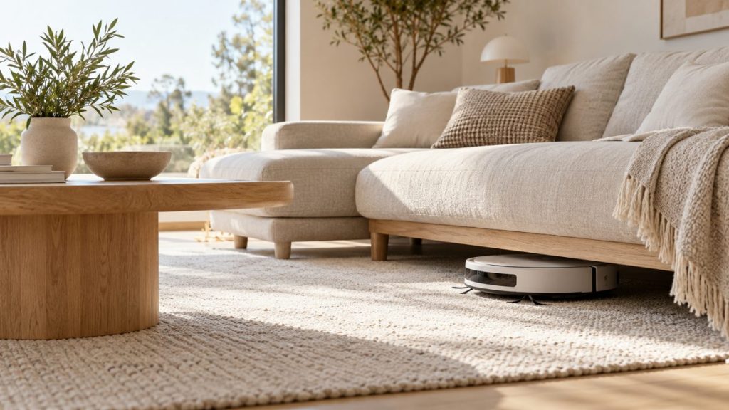Robot aspirateur passant sous un canapé bas dans un salon lumineux de style scandinave