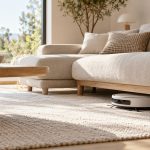 Robot aspirateur passant sous un canapé bas dans un salon lumineux de style scandinave