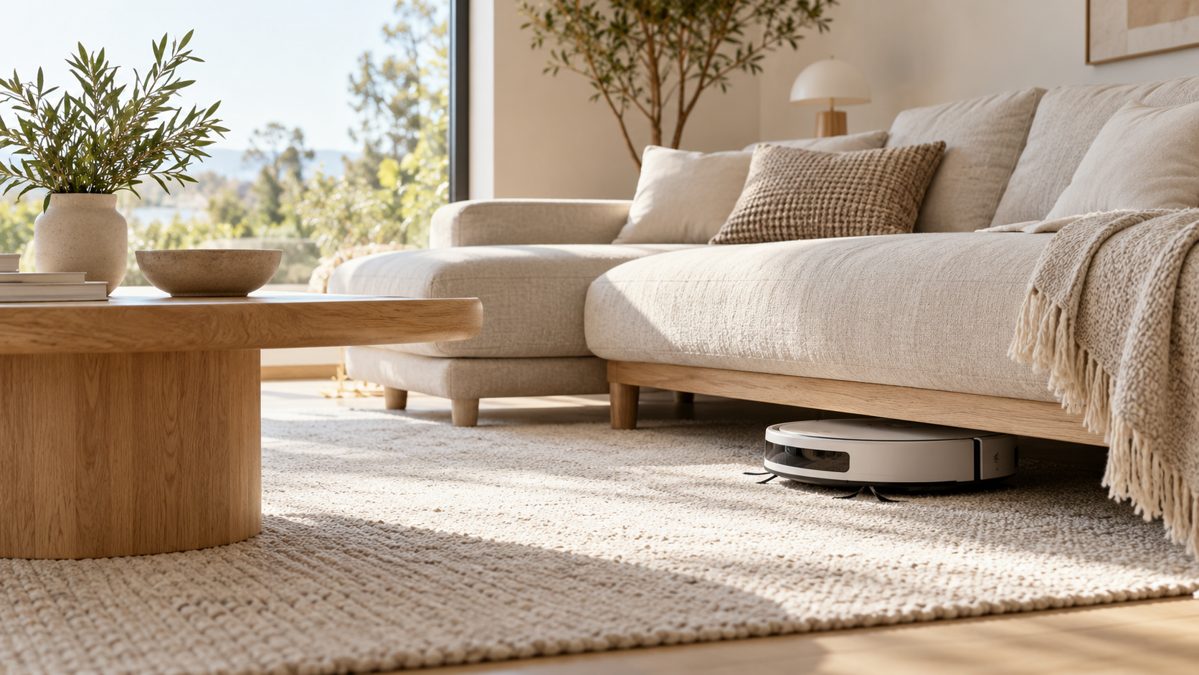 Robot aspirateur passant sous un canapé bas dans un salon lumineux de style scandinave