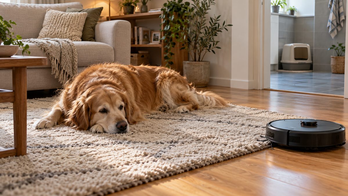 Robot aspirateur sur tapis avec chien à poils longs Robot aspirateur sur un tapis épais près d'un chien à poils longs allongé
