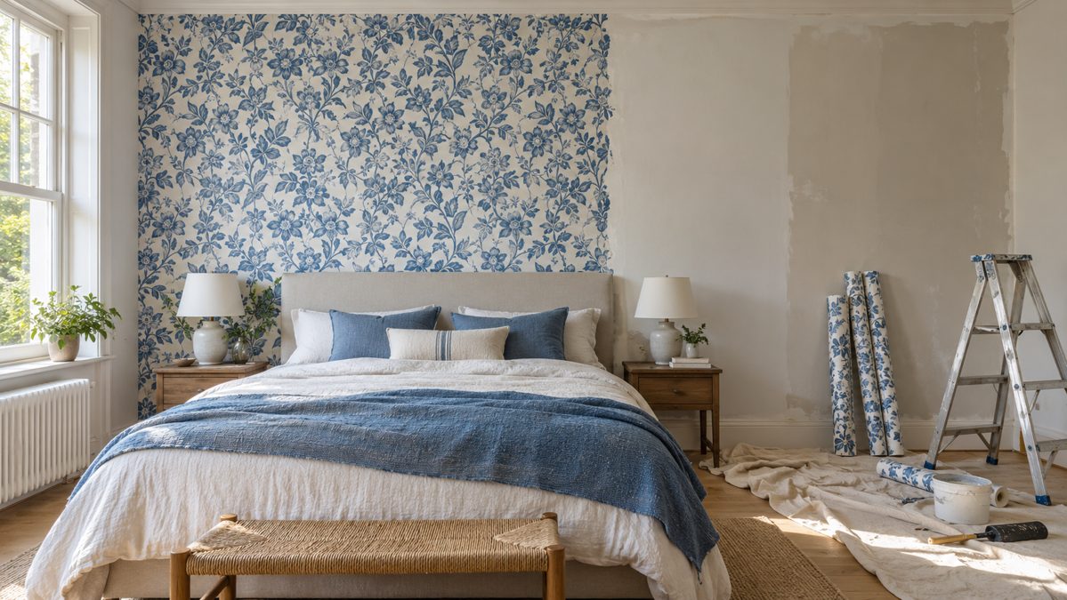 Rouleaux de papier peint pour la tête de lit Chambre en chantier avec mur à moitié tapissé, rouleaux de papier peint posés au sol et escabeau