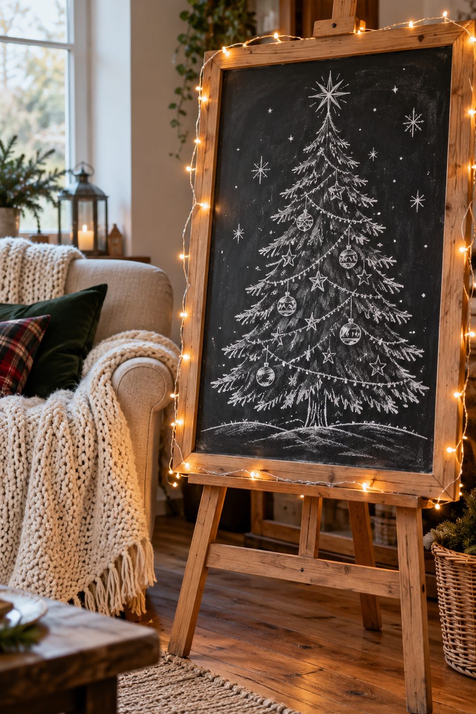 Sapin à la craie sur ardoise Ardoise noire sur chevalet avec un sapin dessiné à la craie blanche