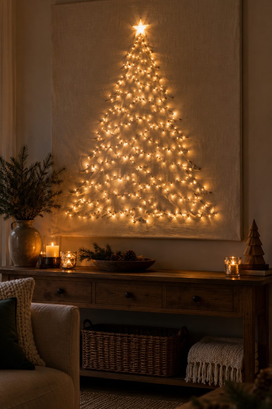 Sapin de lumières sur toile Toile murale sur laquelle un sapin lumineux se dessine grâce à de petites lumières passées à travers le tissu