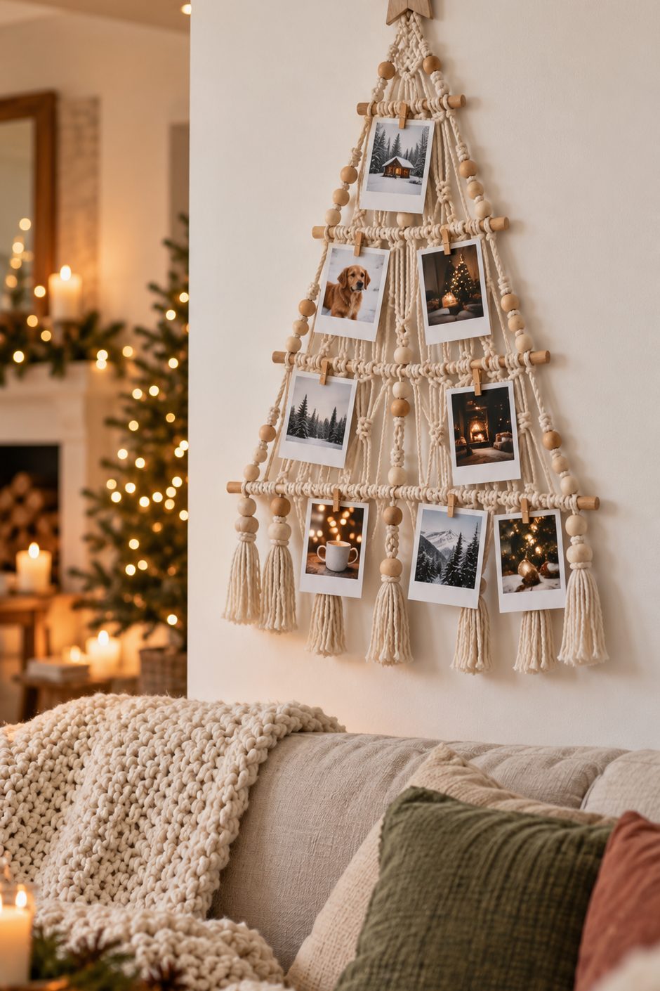 Sapin en macramé et photos Sapin en macramé de cordon crème décoré de petites photos au-dessus d'un canapé