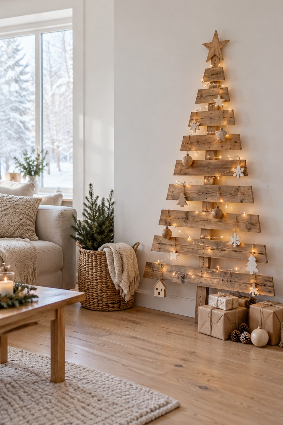 Sapin en tasseaux de bois Sapin stylisé en lattes de bois clair posé contre un mur blanc dans un salon scandinave