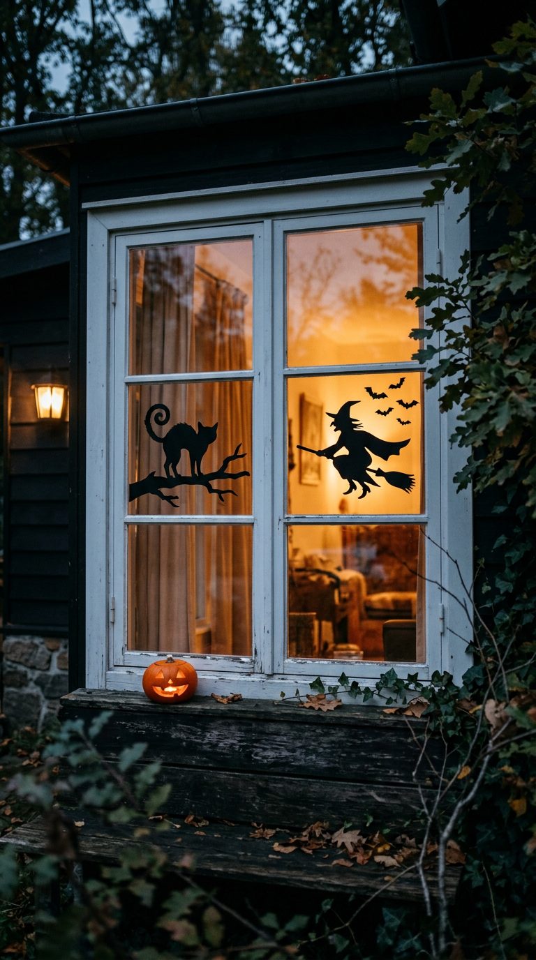 Fenêtre éclairée décorée de silhouettes noires de chat, de sorcière sur son balai et de chauves-souris