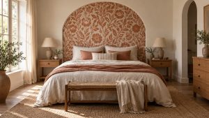 Chambre avec tête de lit en arche recouverte de papier peint botanique terracotta et crème