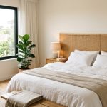 Tête de lit en rotin dans une chambre claire Chambre lumineuse avec une large tête de lit en rotin naturel et linge de lit blanc