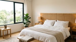 Chambre lumineuse avec une large tête de lit en rotin naturel et linge de lit blanc