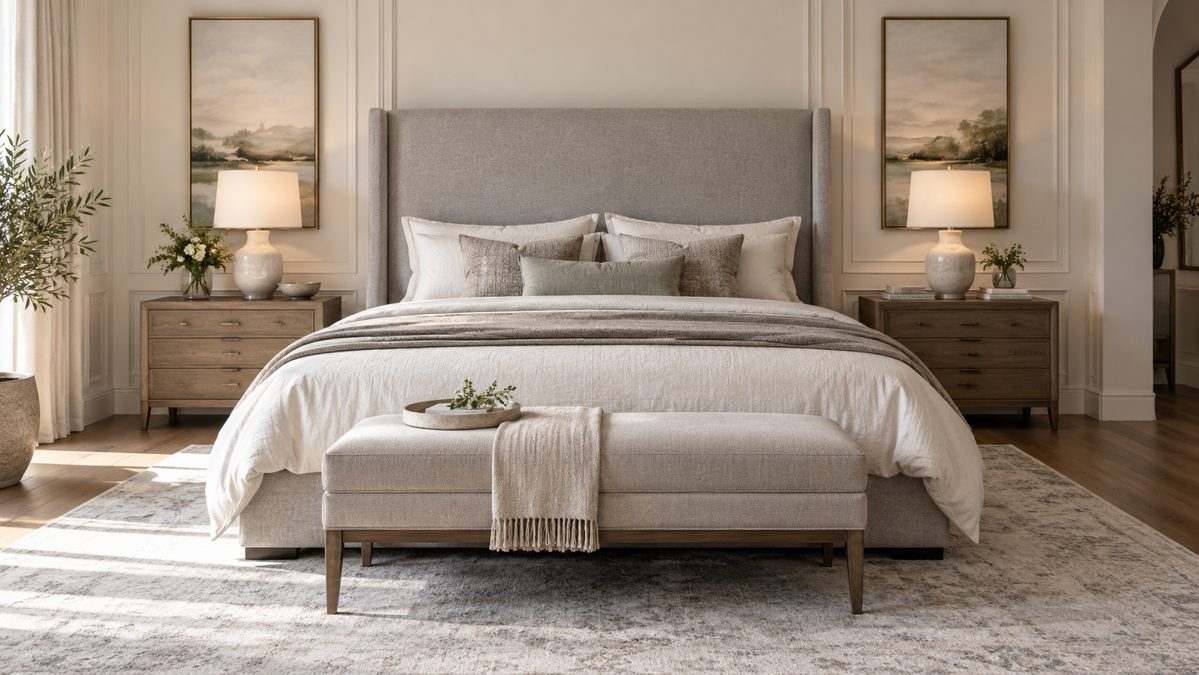 Tête de lit haute pour un grand lit Grande chambre avec lit 180 cm et tête de lit rembourrée grise haute
