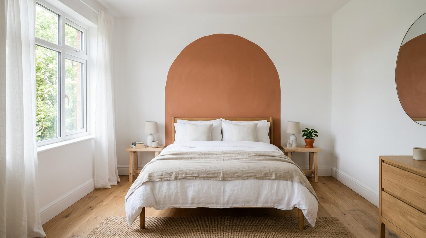 Chambre claire avec une arche terracotta peinte au mur derrière un lit double