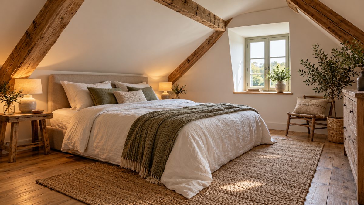 Tête de lit sous une pente de toit Chambre sous combles avec lit sous la pente du toit et tête de lit basse