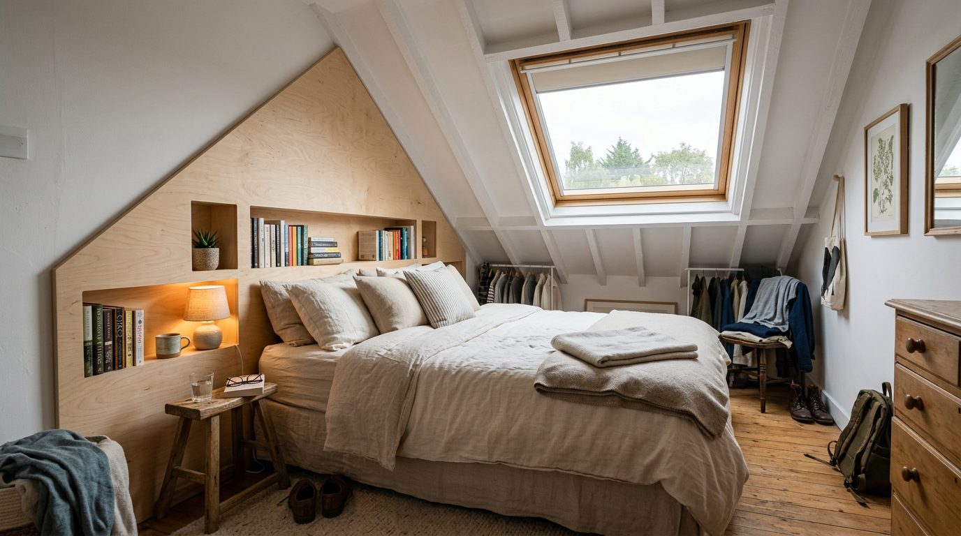 Tête de lit sur mesure suivant la pente Tête de lit sur mesure en bois clair suivant la pente avec niches de rangement
