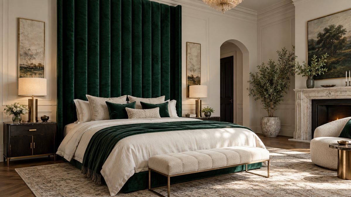Tête de lit trop haute pour la pièce Tête de lit en velours vert montant presque jusqu'au plafond d'une chambre