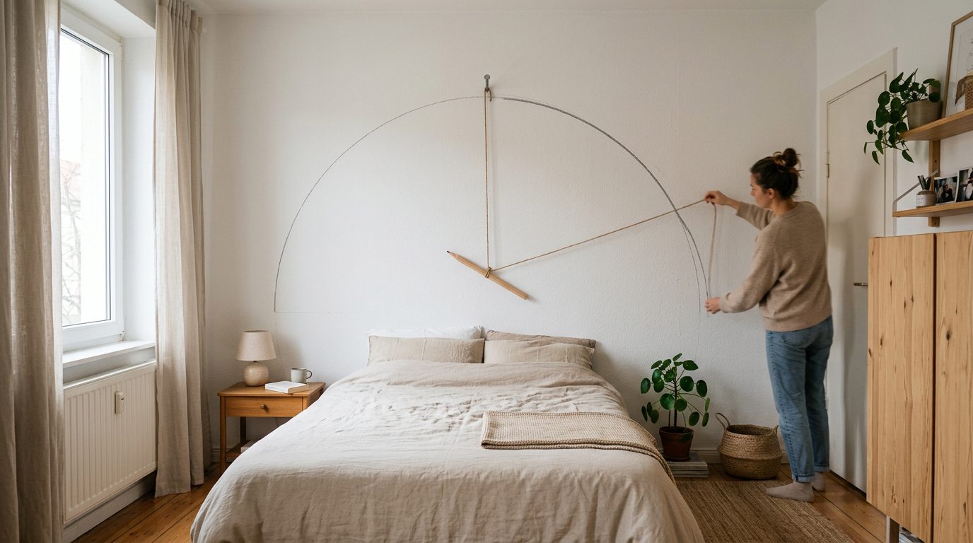 Tracer une arche au mur avec une ficelle Crayon attaché à une ficelle pivotant autour d'un clou pour tracer une arche sur un mur blanc