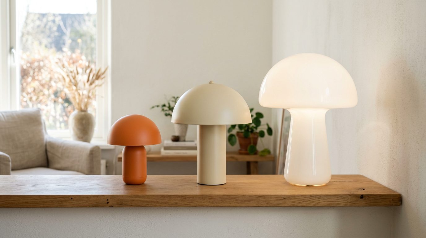 Trois tailles de lampes champignon comparées Trois lampes champignon de tailles différentes alignées sur une étagère en bois
