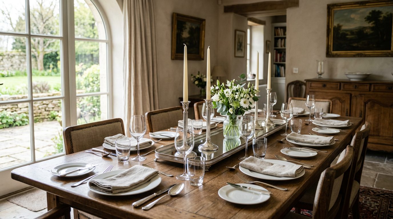 Surtout de table sur plateau miroir et bougies Table dressée avec un surtout de table à plateau miroir, bougies fines et petit vase de fleurs blanches
