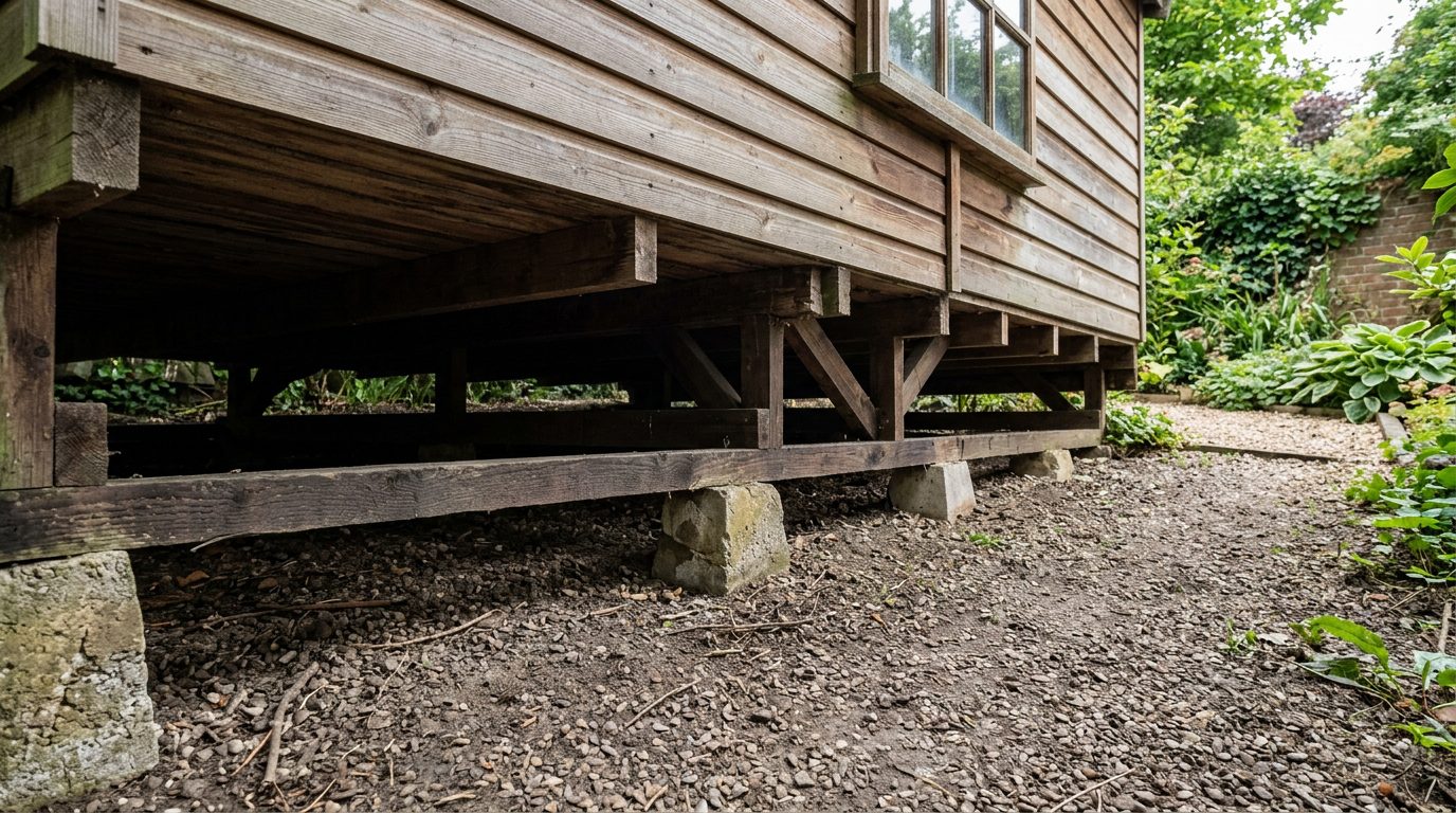 Vide d'air ventilé sous le plancher d'un abri Abri de jardin surélevé sur plots avec vide d'air sous le plancher et sol en gravier drainant