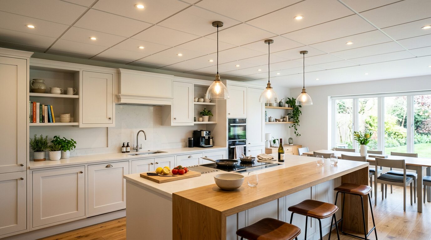 Cuisine ouverte éclairée par spots LED Cuisine ouverte avec faux plafond et spots LED répartis au-dessus de l'îlot