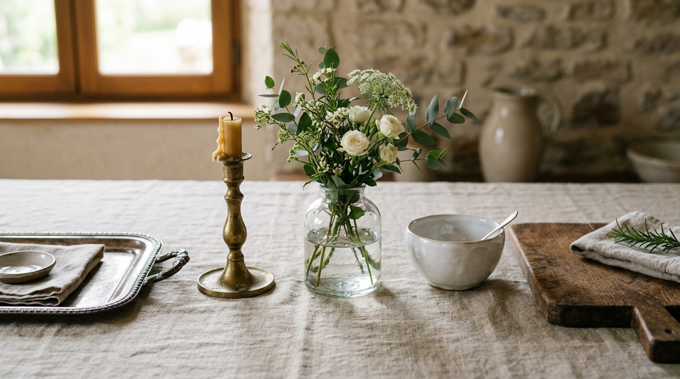 Matières de centre de table argent laiton verre bois Plateaux et objets de table en métal argenté, laiton, verre, porcelaine et bois sur une nappe en lin